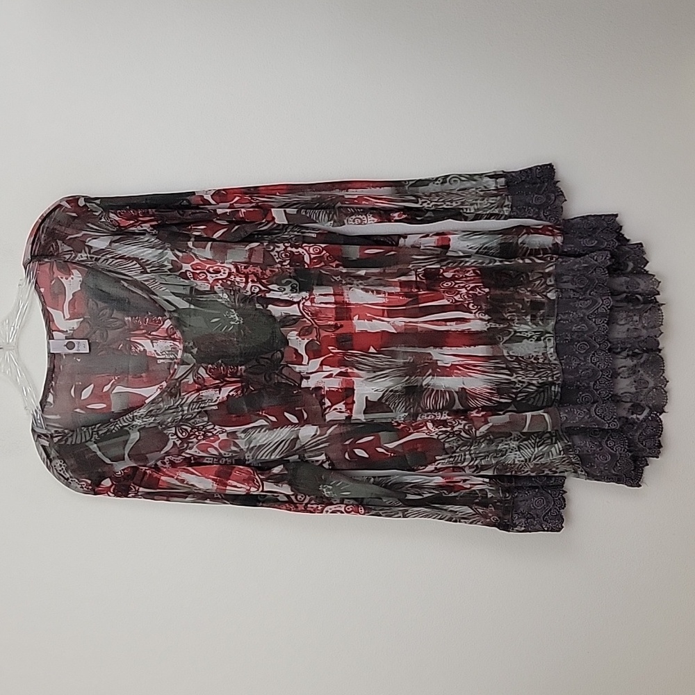 Tredy Artsy Red & Taupe Midi Sheer Dress w/Lace Hem 42 14/16